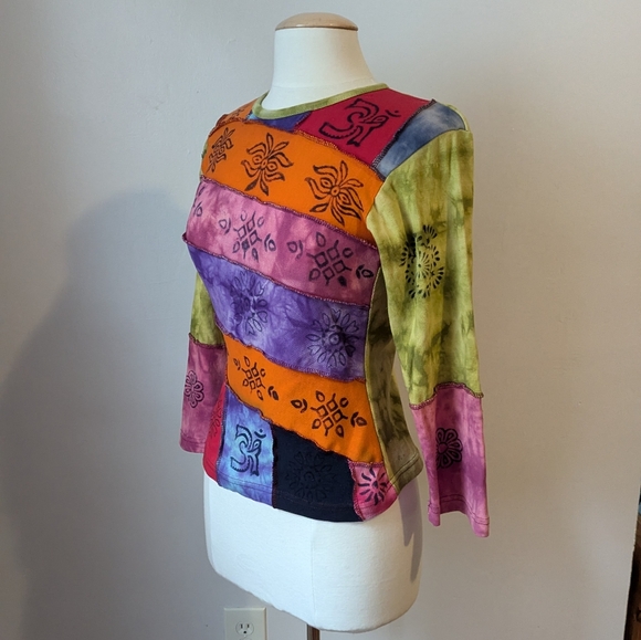 Made In Nepal Bright Patchwork Block Print Long Sleeve Shirt Size S - Picture 1 of 6